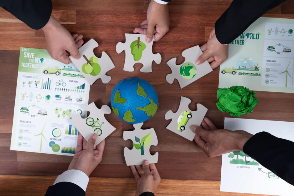 top-view-cohesive-group-business-people-holding-eco-icon-jigsaw-puzzle-pieces-around-globe-earth-as-eco-corporate-responsibility-community-sustainable-solution-greener-earth-quaint
